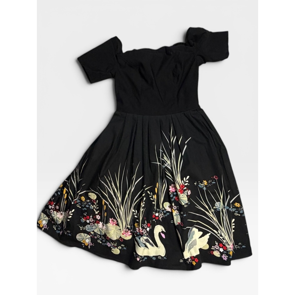 Belle Poque Black Swan Floral Print Off Shoulder Retro Swing Dress Womens M Hoco - Picture 15 of 15